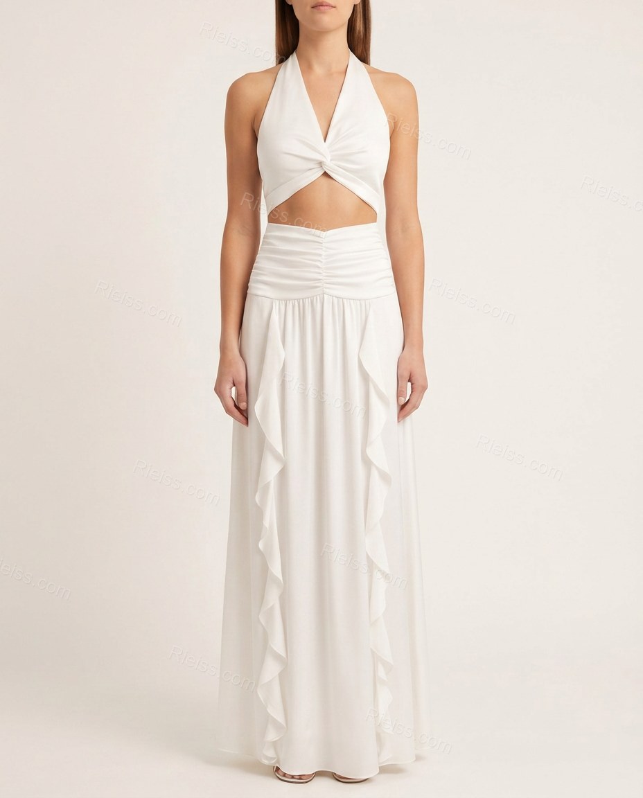 White Maxi Open-Back Halter Dress, front studio view, by Rieiss