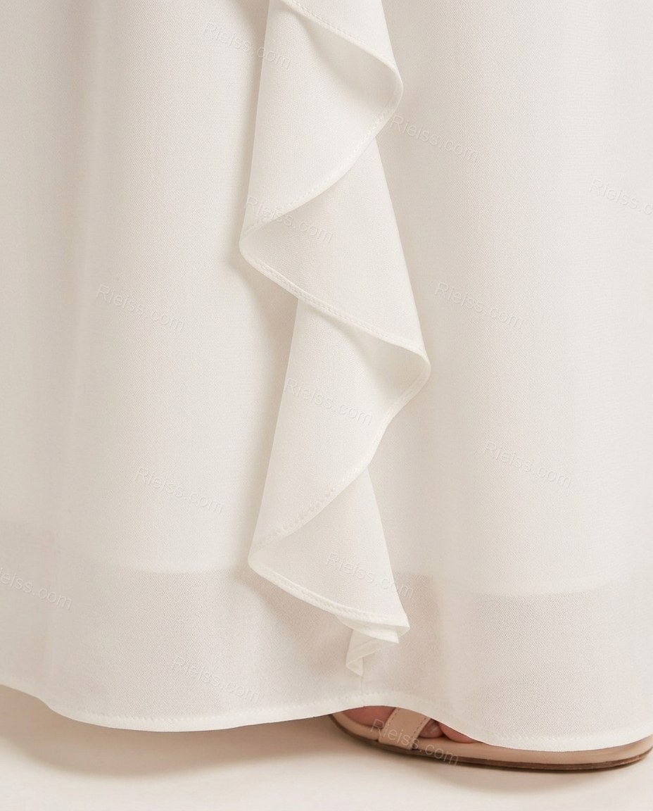 White Maxi Open-Back Halter Dress, close-up of cut-out waist, ruched waist and ruffle trim, by Rieiss