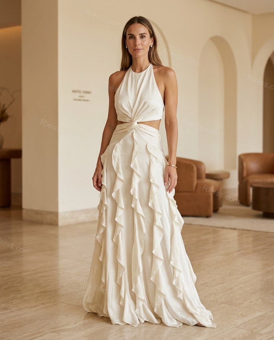 Ivory White Maxi Open-Back Halter Dress, full-length hero view, by Rieiss
