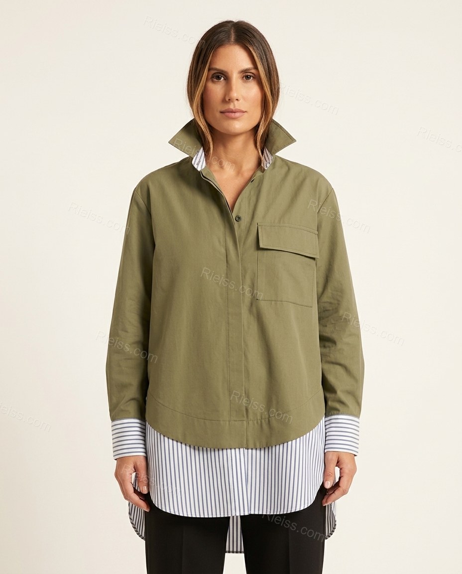 Olive Green Striped Cotton Tunic Top, front studio view, by Rieiss