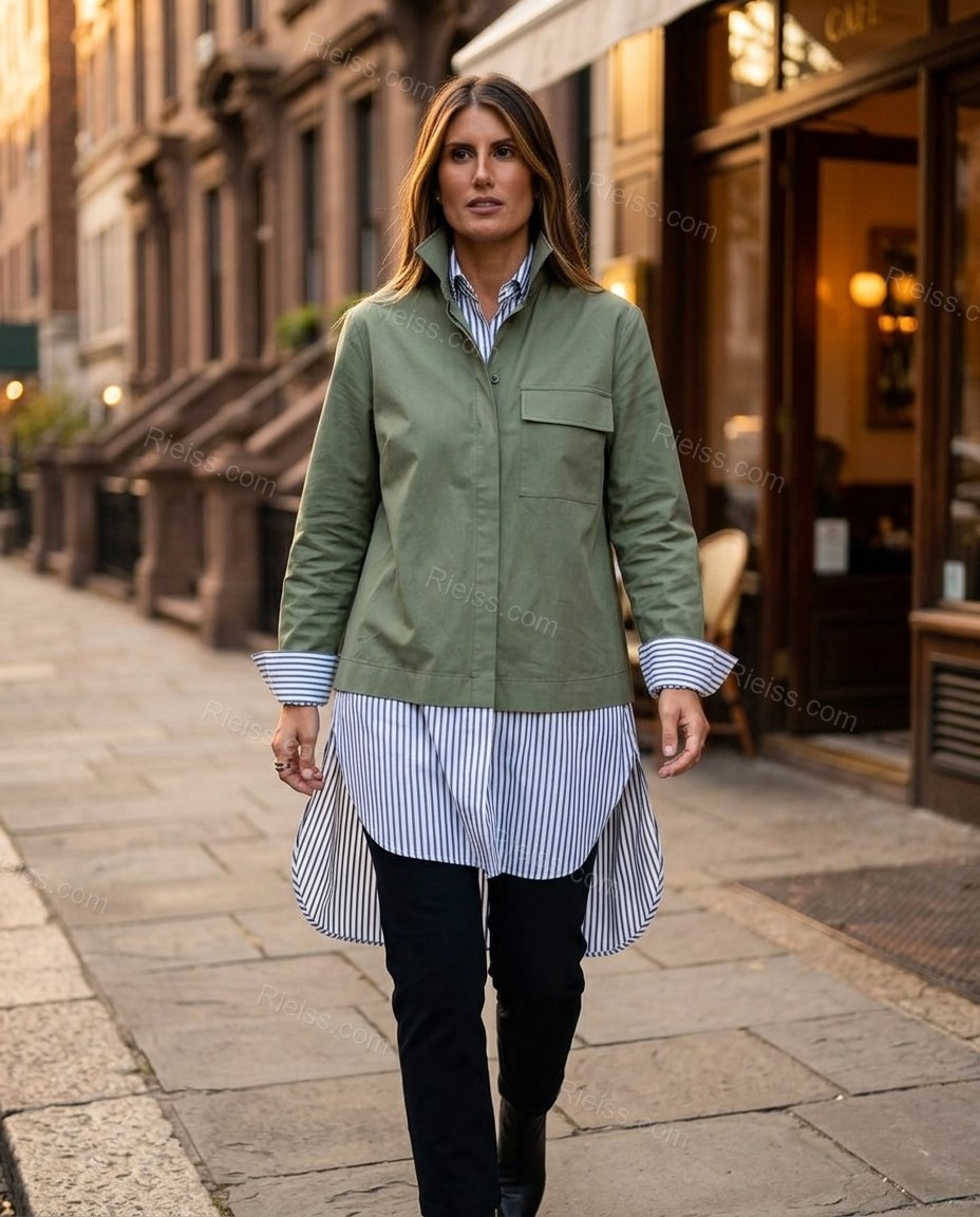 Olive Green Striped Cotton Tunic Top, movement and fit lifestyle view, by Rieiss