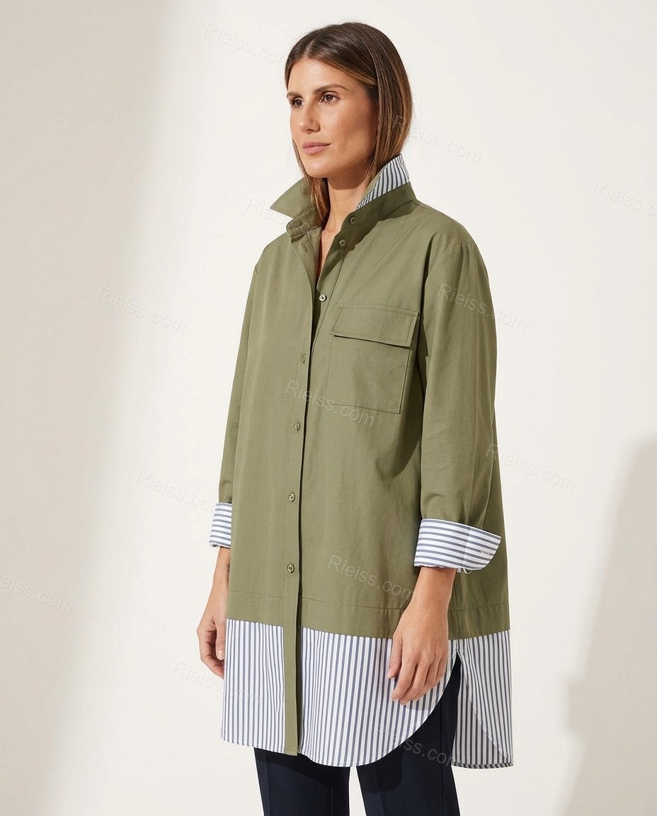 Olive Green Striped Cotton Tunic Top, side and back studio view, by Rieiss