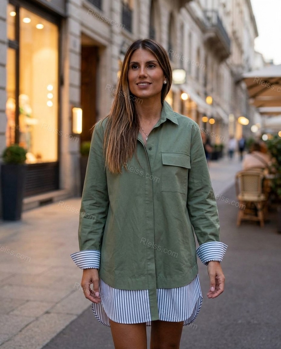 Olive Green Striped Cotton Tunic Top, alternate use-case lifestyle view, by Rieiss