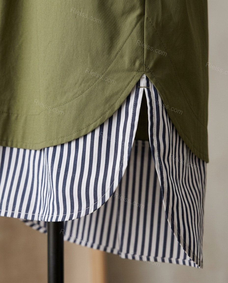 Olive Green Striped Cotton Tunic Top, close-up of striped, by Rieiss