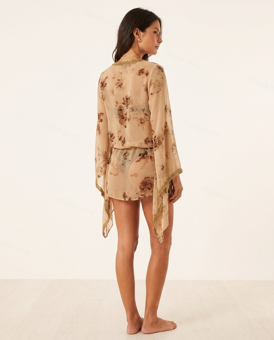 Beige Floral Chiffon Outerwear, back studio view showing simple straight back construction, by Rieiss