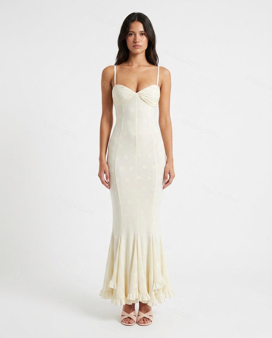 Cream Polka Dot Maxi Ruffled Dress, front studio view, by Rieiss