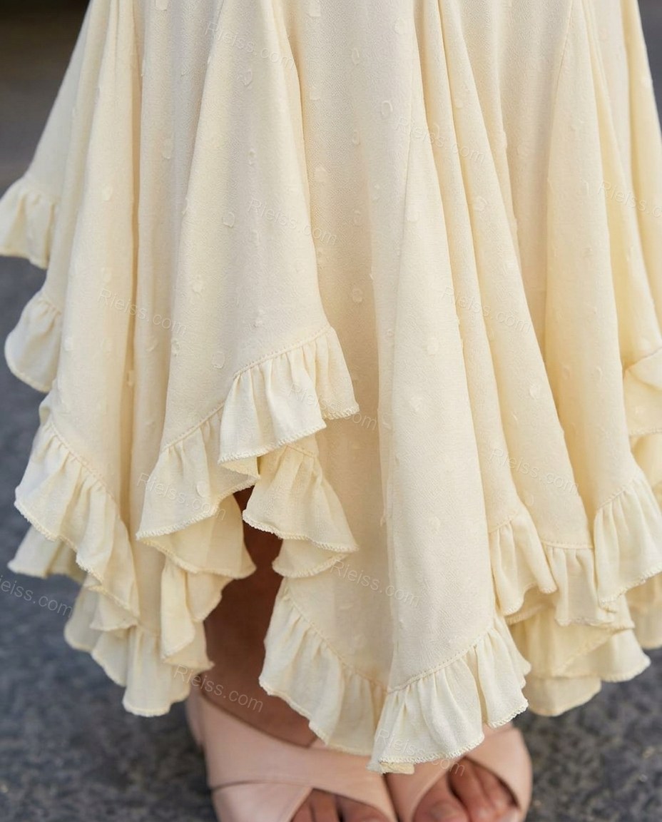 Cream Polka Dot Maxi Ruffled Dress, close-up of polka dot, by Rieiss