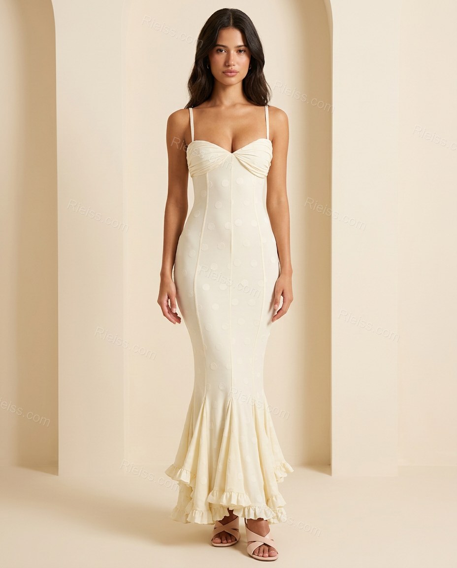 Cream Polka Dot Maxi Ruffled Dress, full-length hero view, by Rieiss
