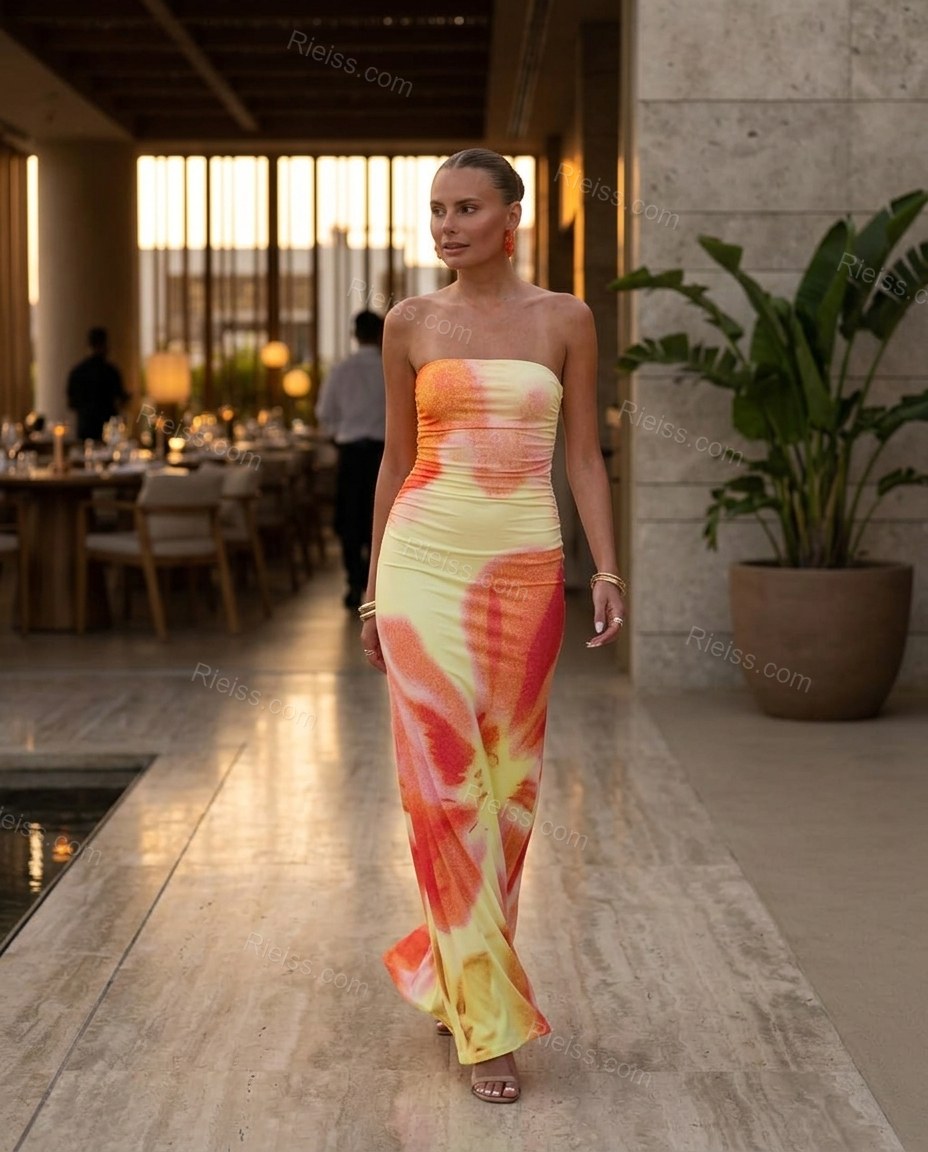 Yellow Floral Maxi Strapless Dress, walking lifestyle view, by Rieiss