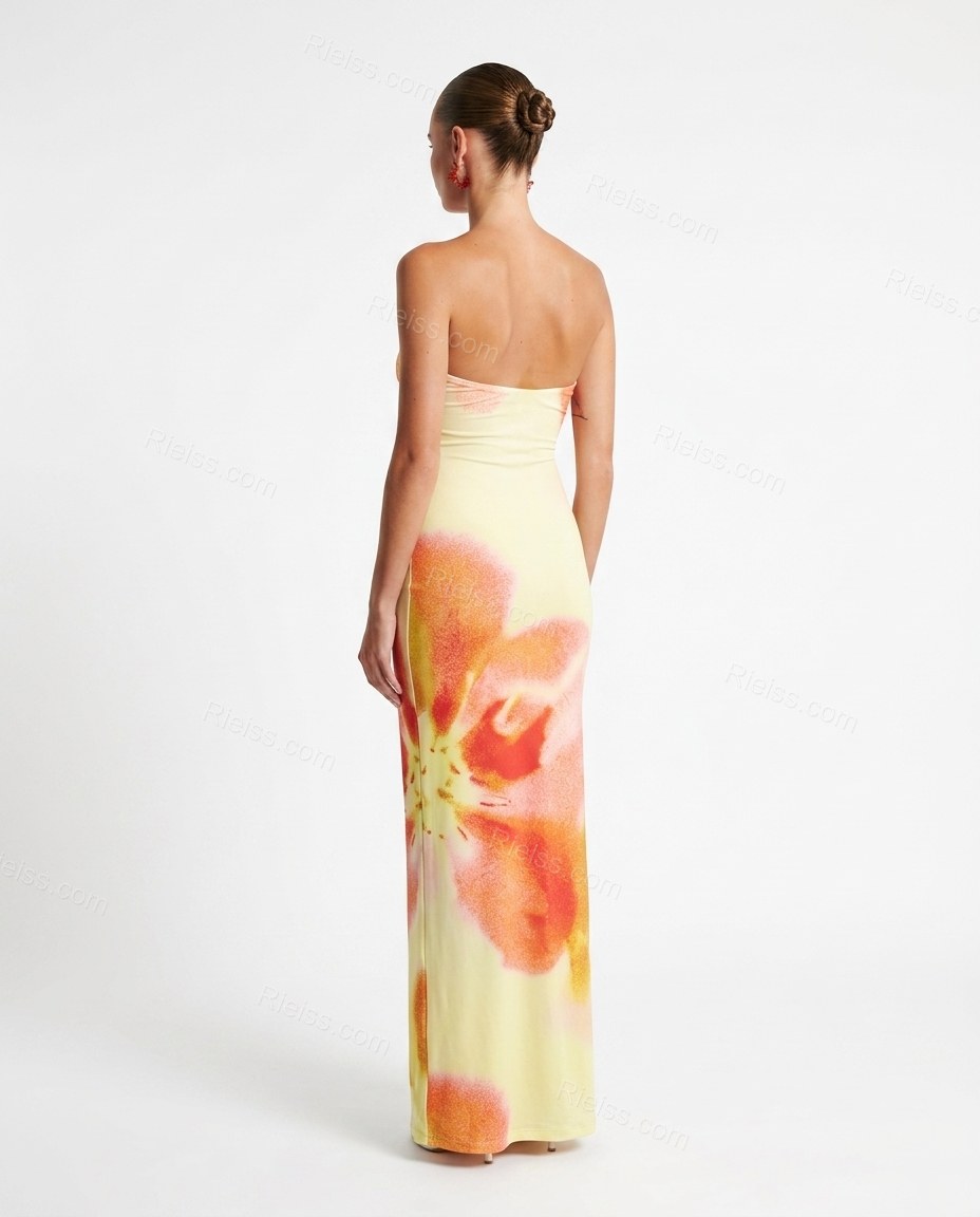 Yellow Floral Maxi Strapless Dress, back studio view, by Rieiss