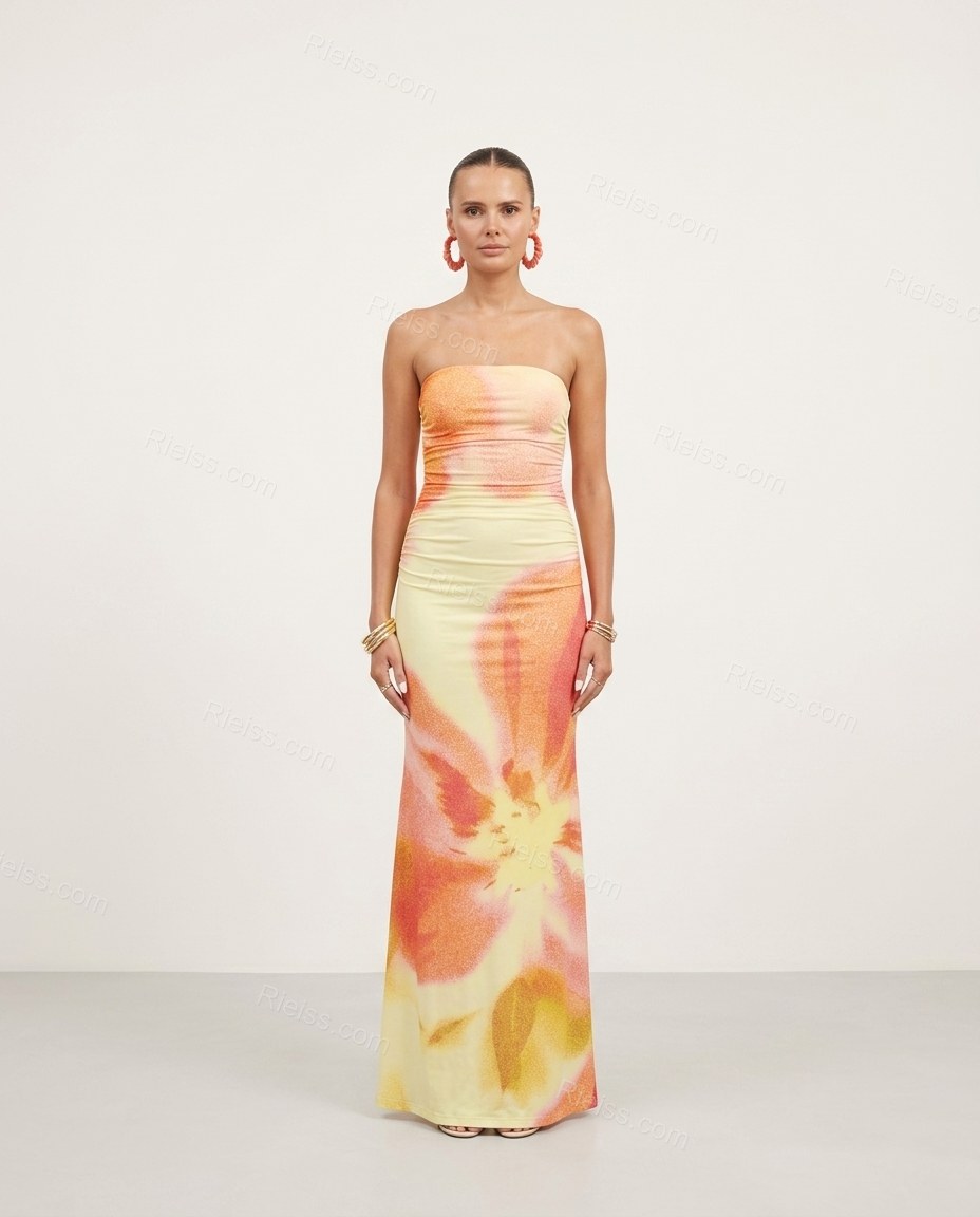 Yellow Floral Maxi Strapless Dress, front studio view, by Rieiss