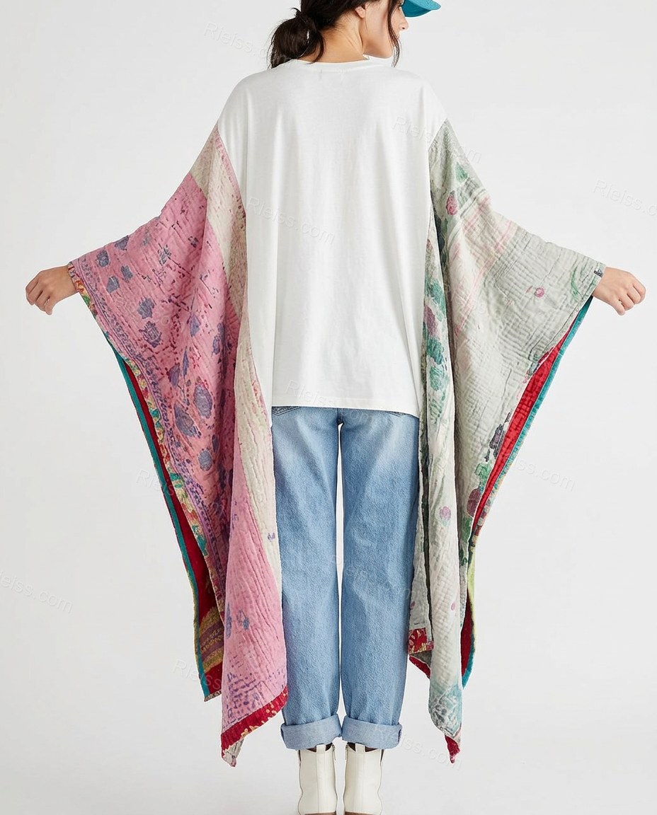 White Color-Block Cape Asymmetric Top, side and back studio view, by Rieiss