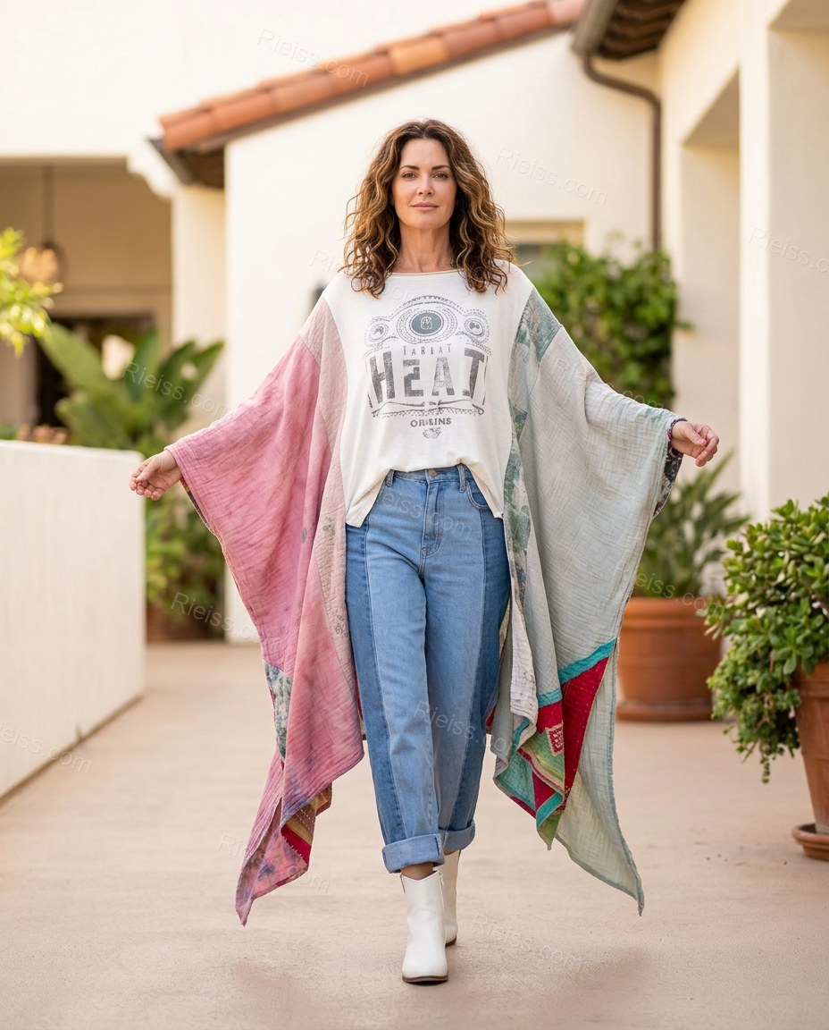 White Color-Block Cape Asymmetric Top, walking lifestyle view, by Rieiss