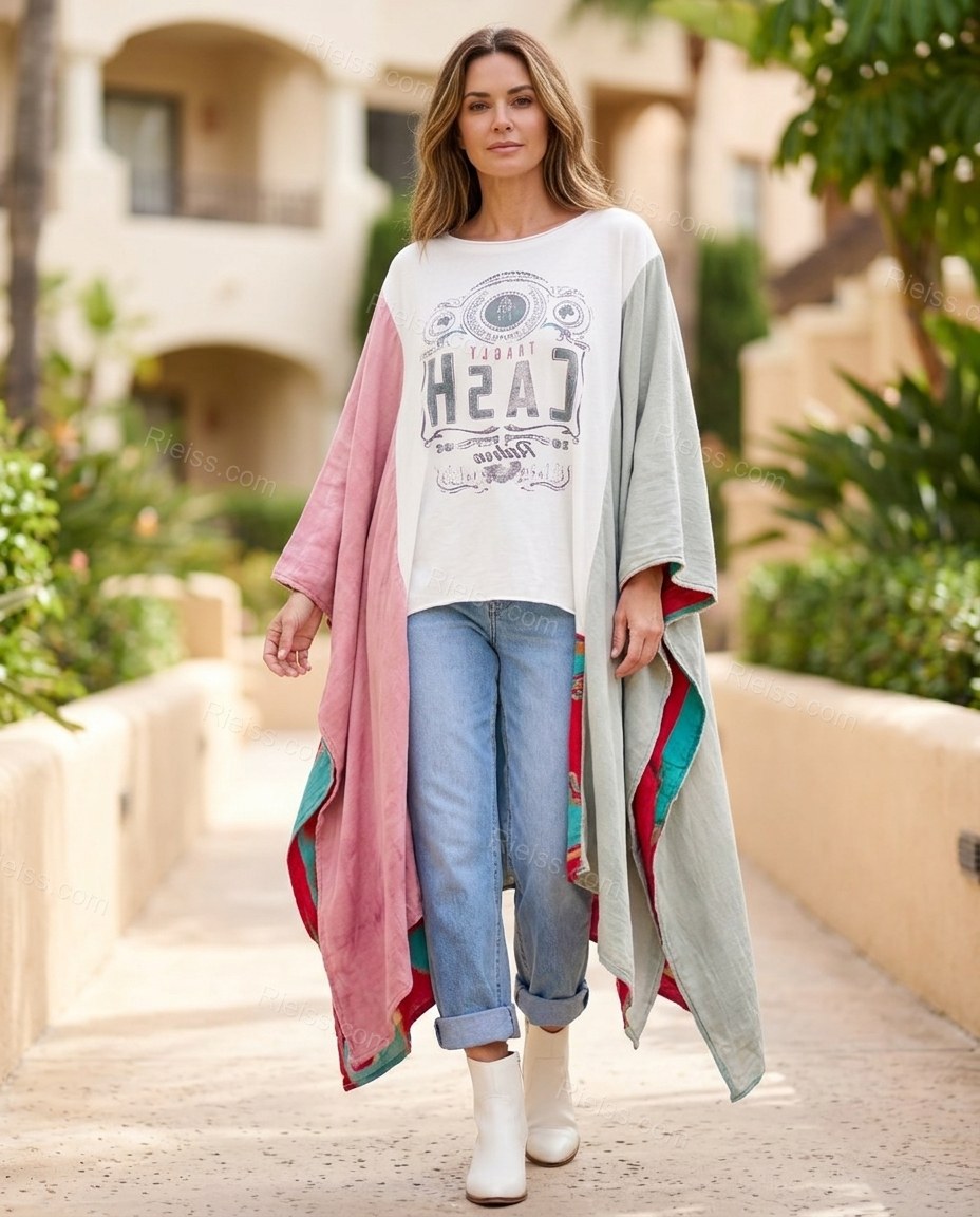 White Color-Block Cape Asymmetric Top, three-quarter brand lifestyle view, by Rieiss