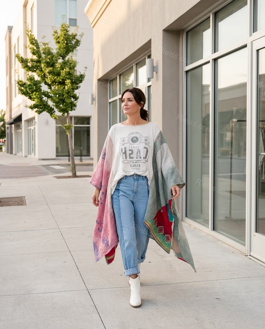 White Color-Block Cape Asymmetric Top, movement and fit lifestyle view, by Rieiss