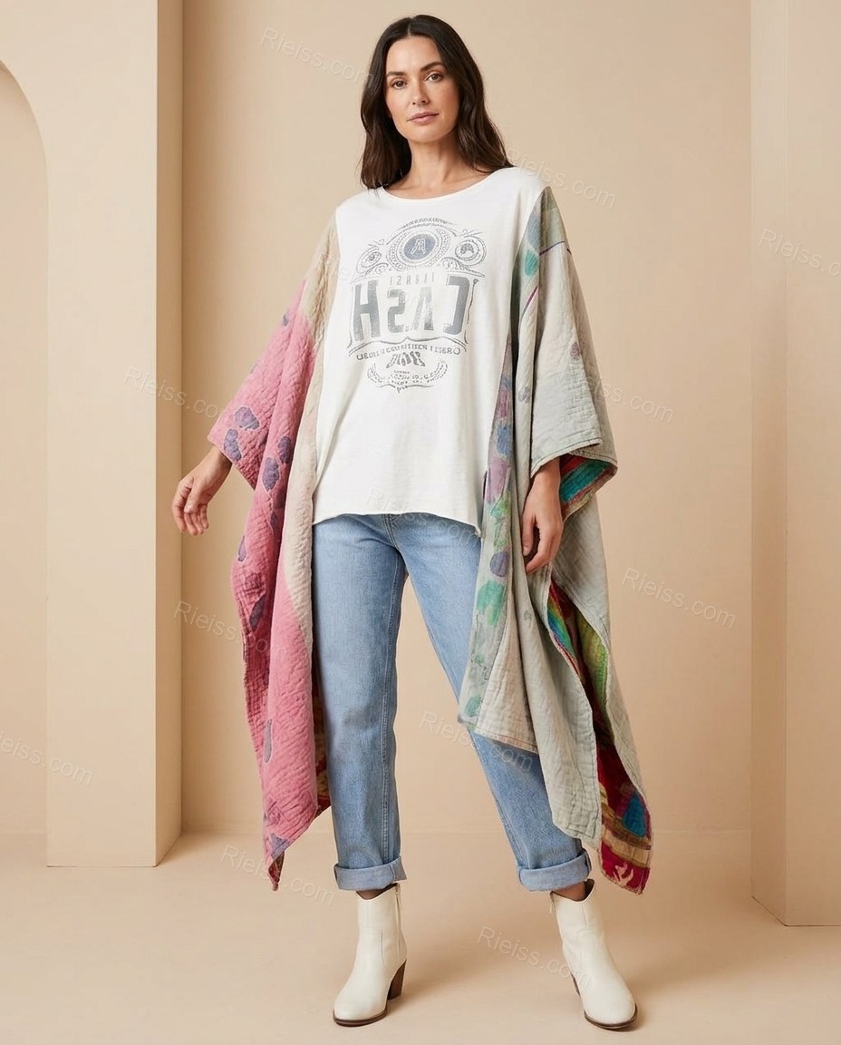 White Color-Block Cape Asymmetric Top, full-length hero view, by Rieiss