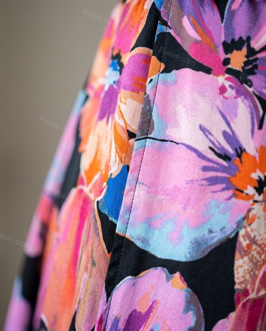 Black Floral Maxi Satin Dress, close-up of floral, by Rieiss