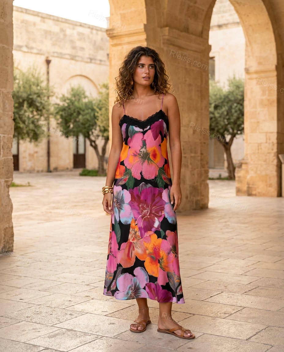Black Floral Maxi Satin Dress, three-quarter brand lifestyle view, by Rieiss