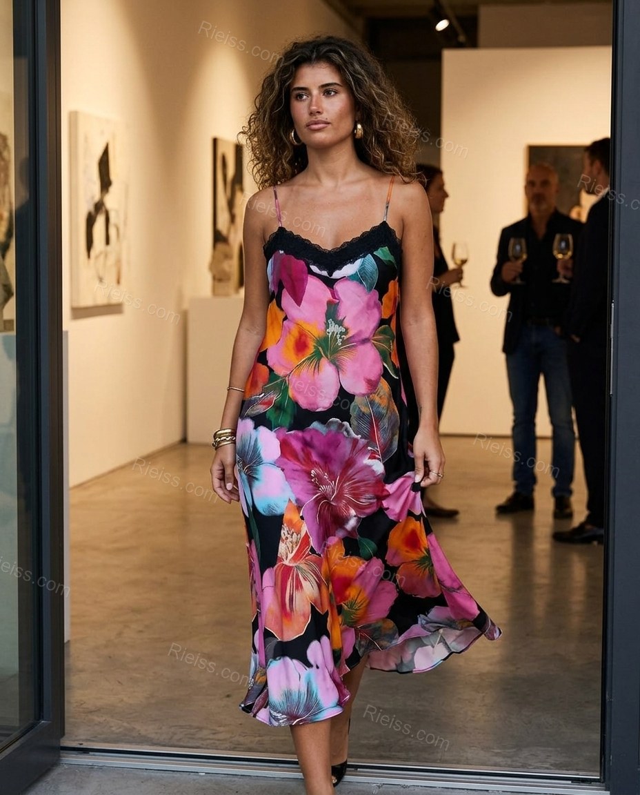Black Floral Maxi Satin Dress, movement and fit lifestyle view, by Rieiss