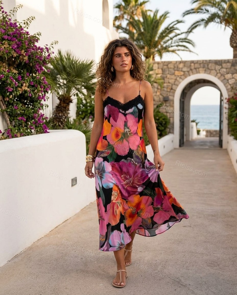 Black Floral Maxi Satin Dress, walking lifestyle view, by Rieiss