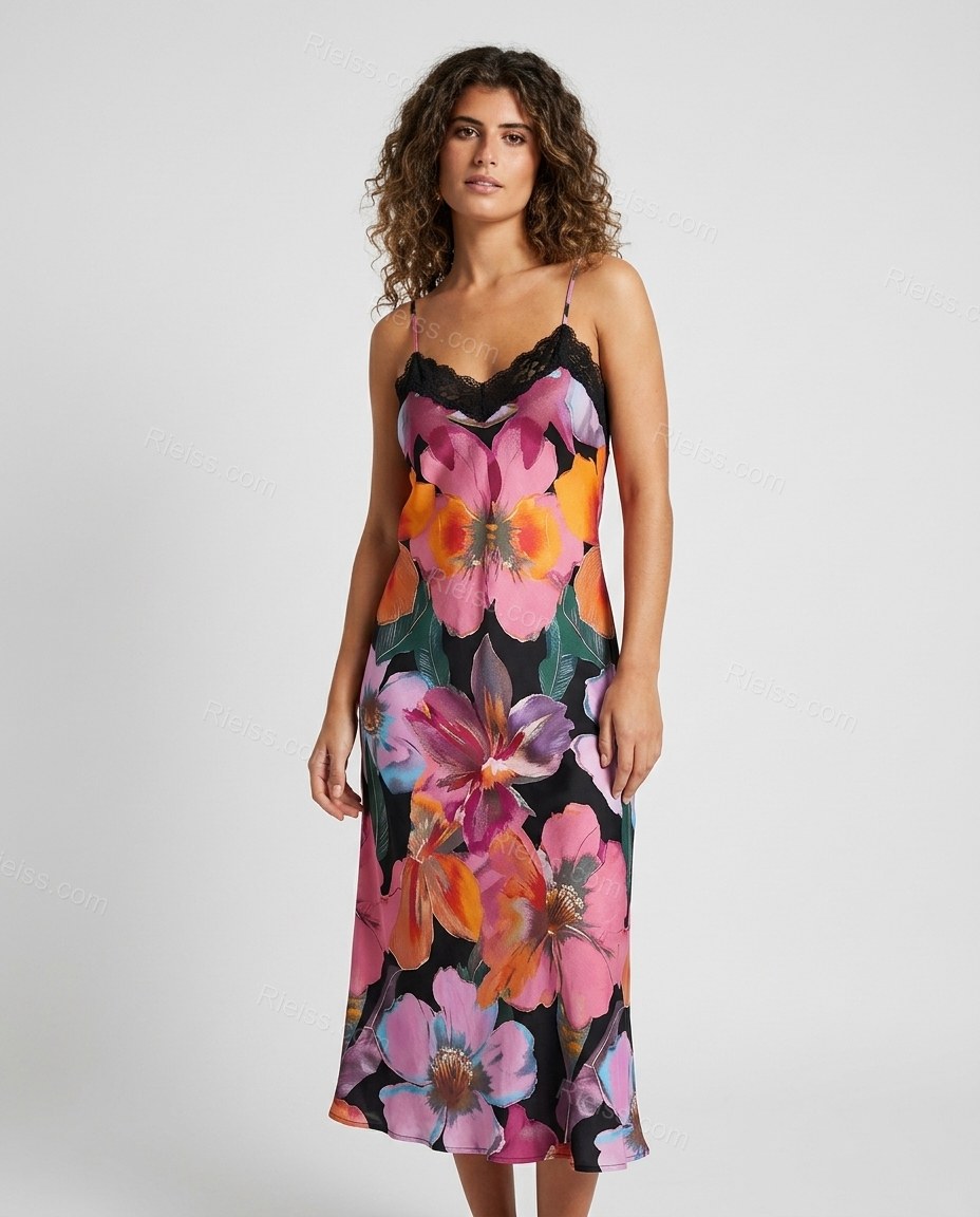 Black Floral Maxi Satin Dress, front studio view, by Rieiss