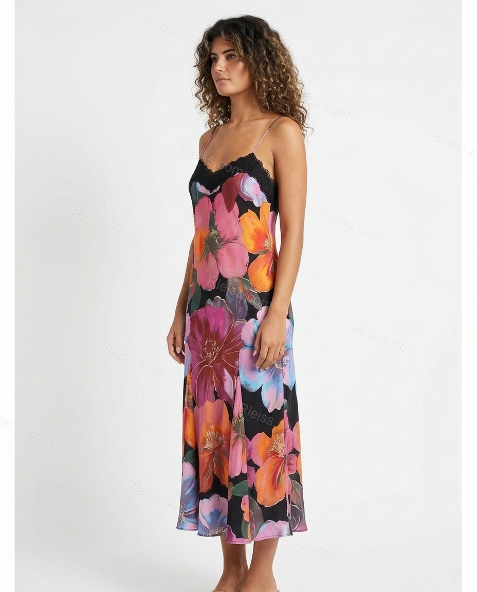 Black Floral Maxi Satin Dress, side and back studio view, by Rieiss
