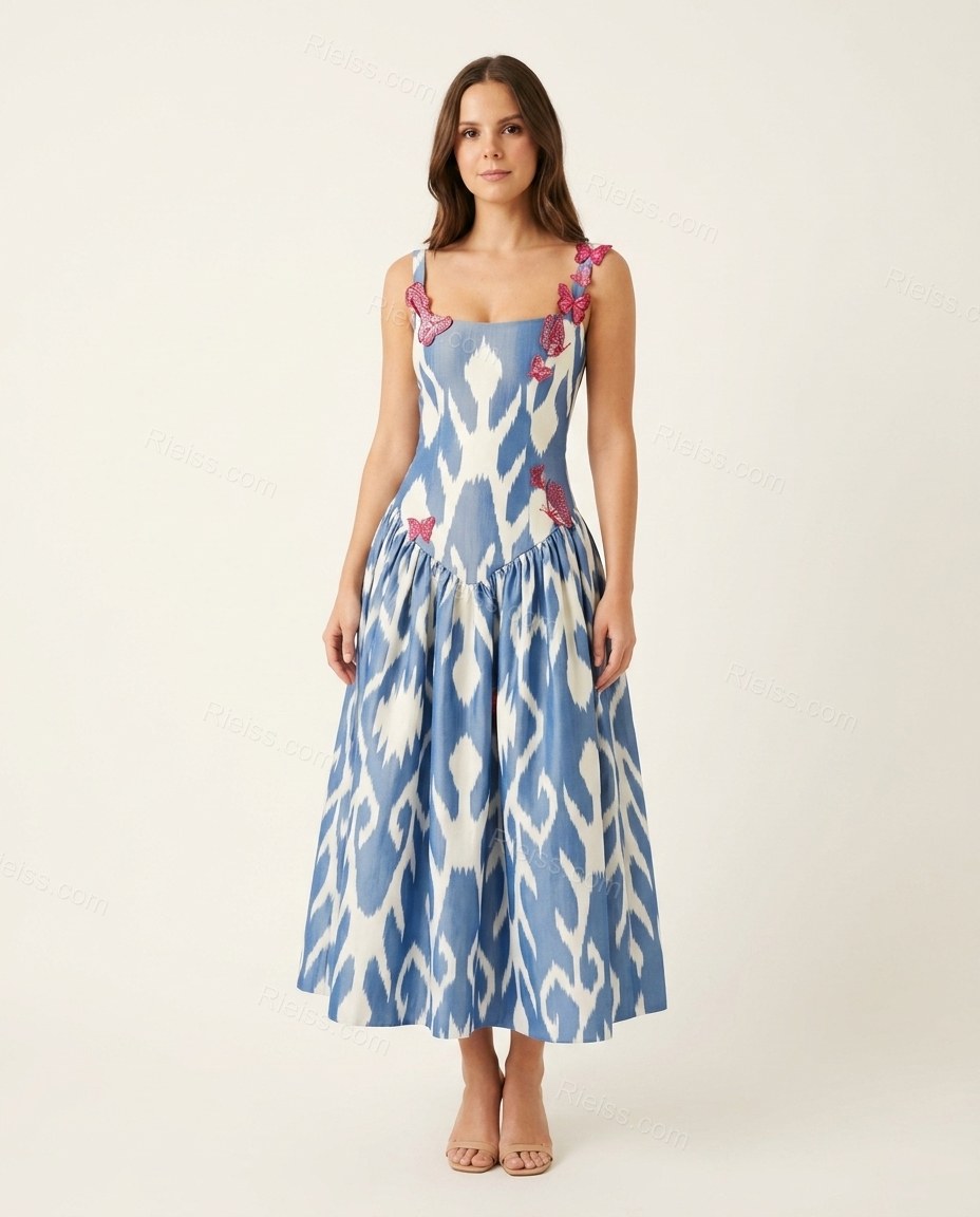 Blue Ikat Midi Dress, front studio view, by Rieiss