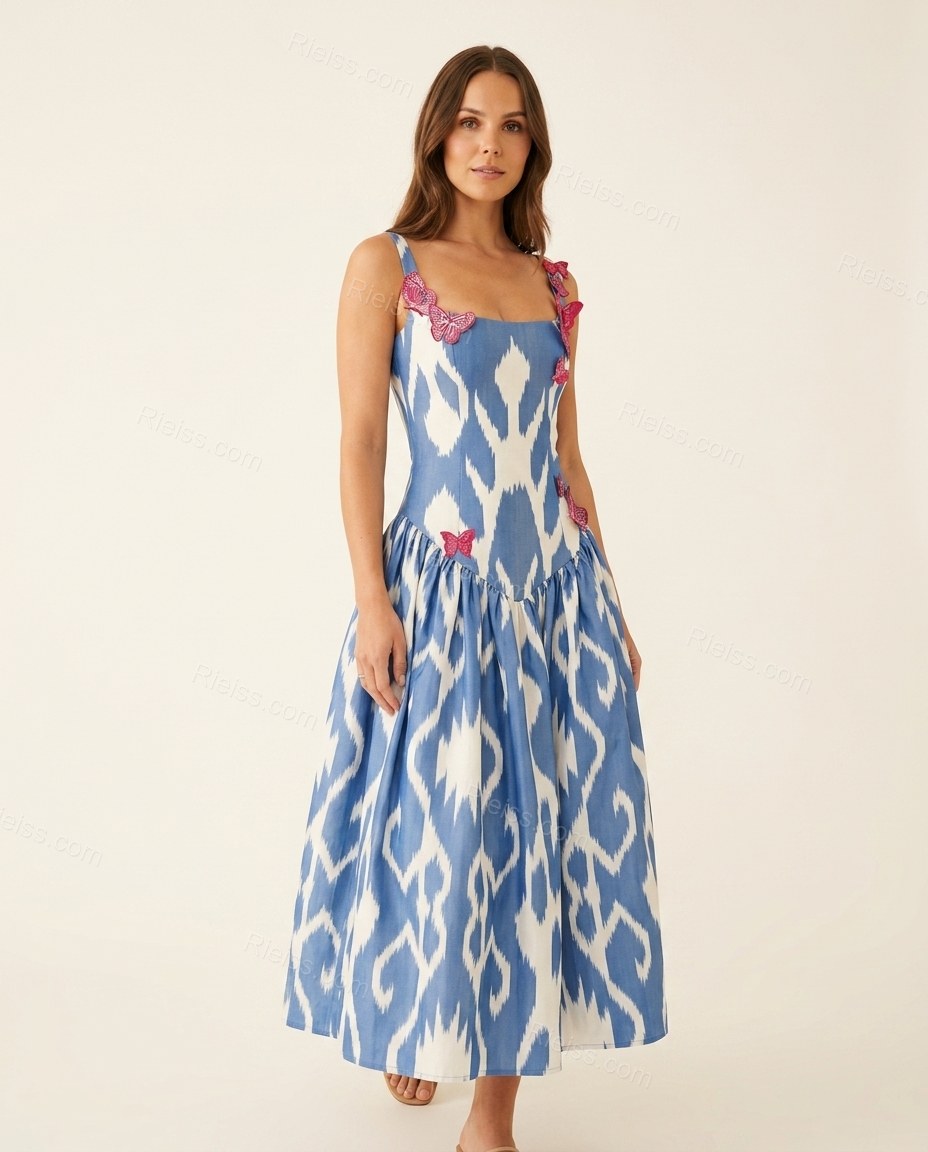 Blue Ikat Midi Dress, side and back studio view, by Rieiss