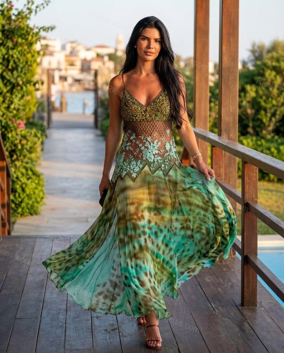 Green Floral Maxi Embroidered Dress, walking lifestyle view, by Rieiss