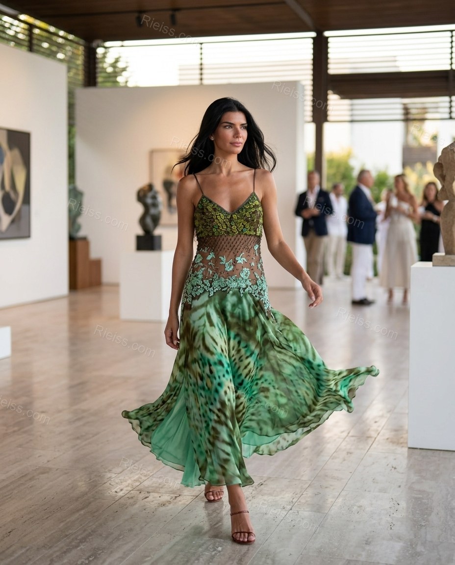 Green Floral Maxi Embroidered Dress, movement and fit lifestyle view, by Rieiss