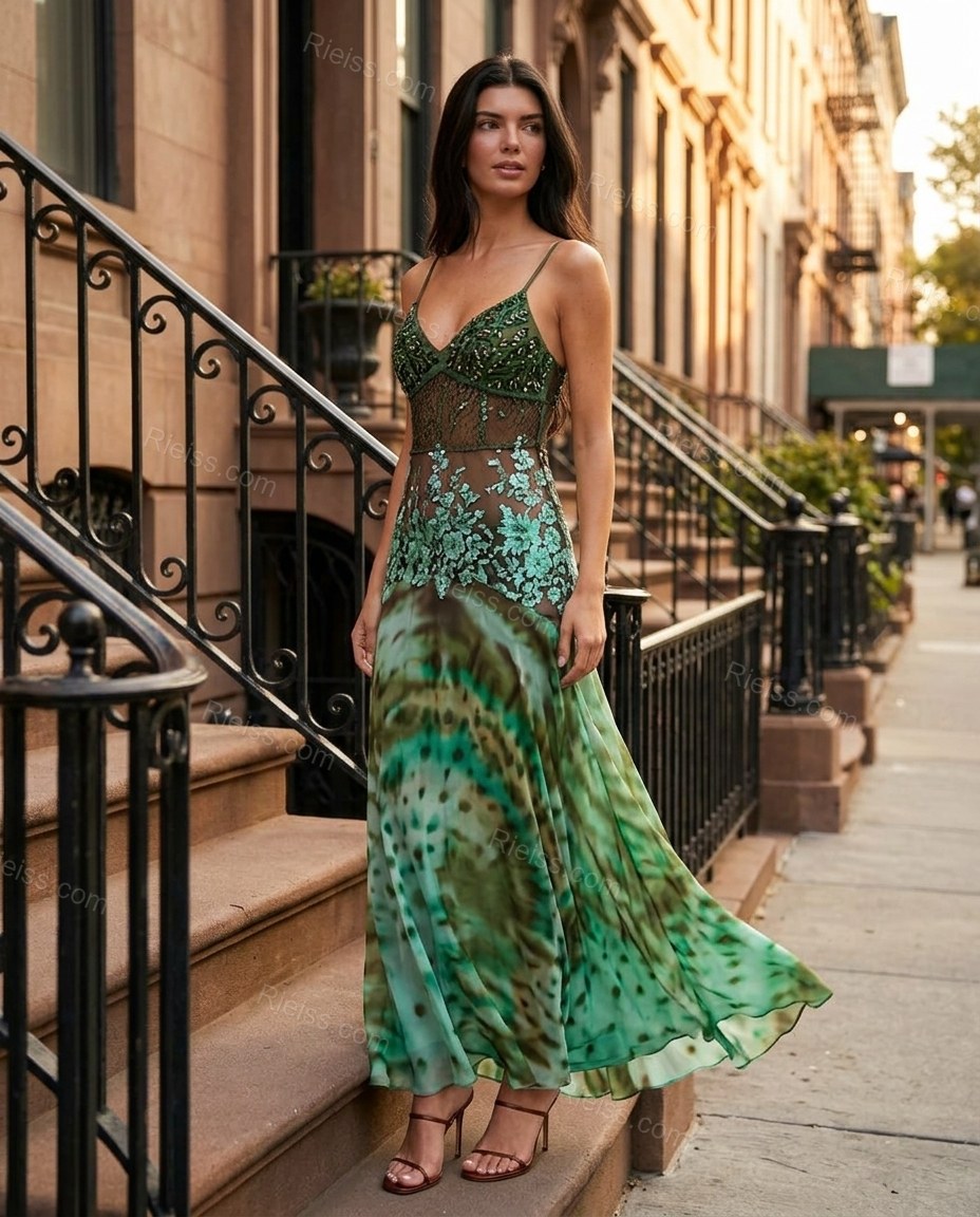 Green Floral Maxi Embroidered Dress, alternate use-case lifestyle view, by Rieiss
