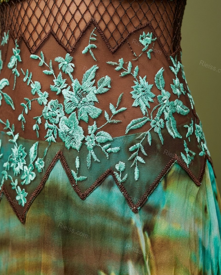 Green Floral Maxi Embroidered Dress, close-up of floral embroidery, by Rieiss