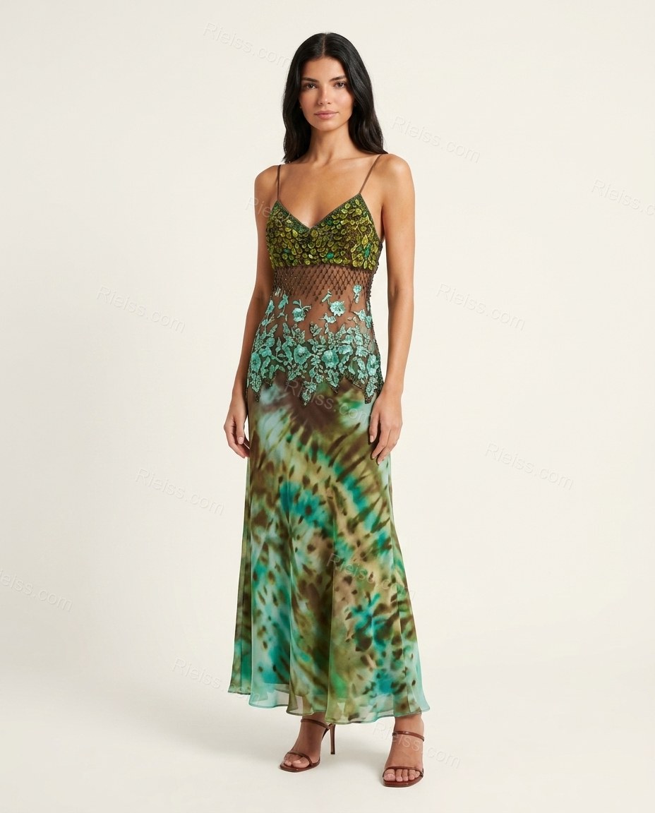 Green Floral Maxi Embroidered Dress, front studio view, by Rieiss