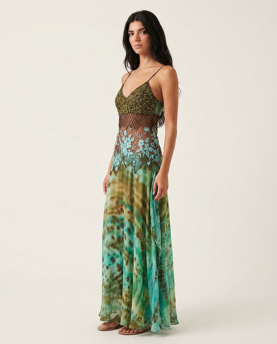 Green Floral Maxi Embroidered Dress, side and back studio view, by Rieiss