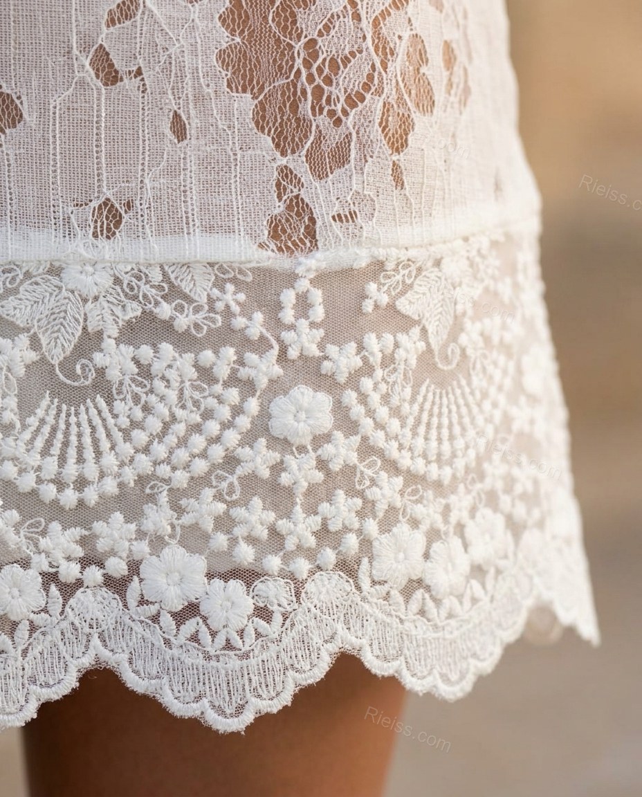 White Floral Mini Lace Dress, close-up of floral and scalloped hem, by Rieiss