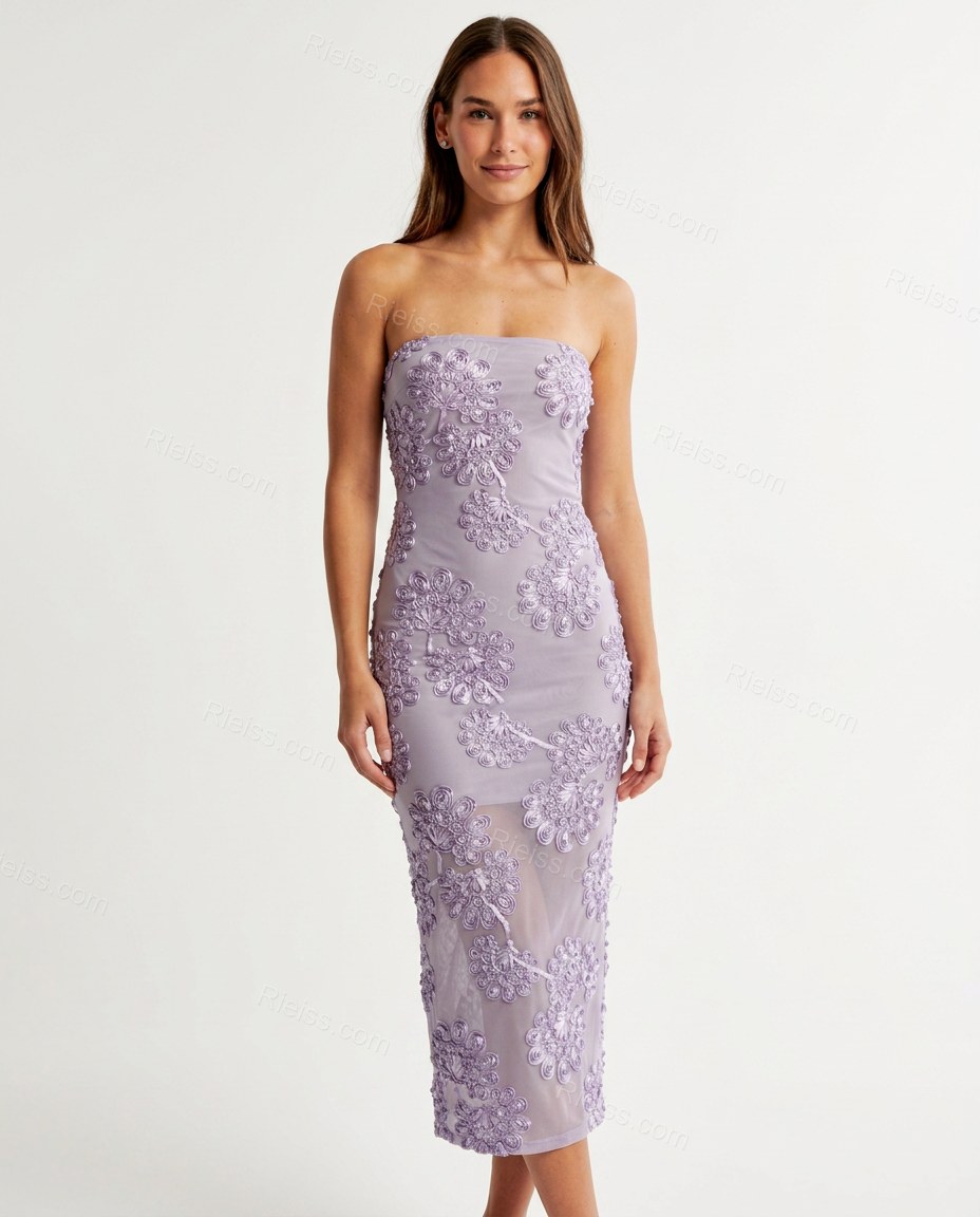 Lavender Floral Maxi Strapless Dress, front studio view, by Rieiss