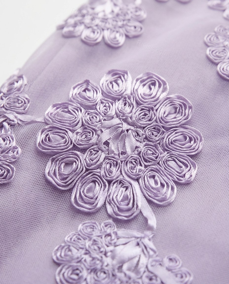 Lavender Floral Maxi Strapless Dress, close-up of floral embroidery, by Rieiss