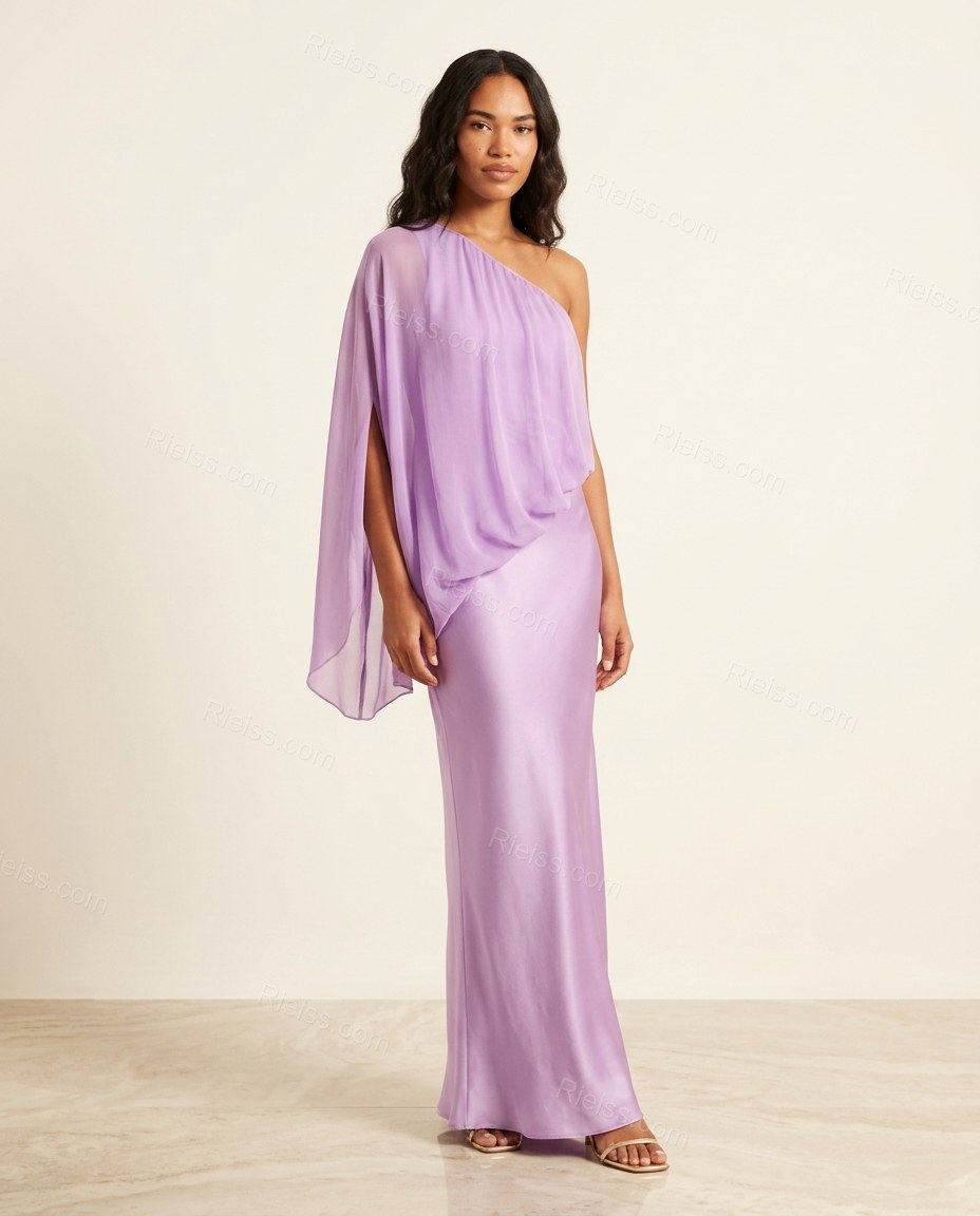 Lavender Maxi Cape One-Shoulder Dress, full-length hero view, by Rieiss