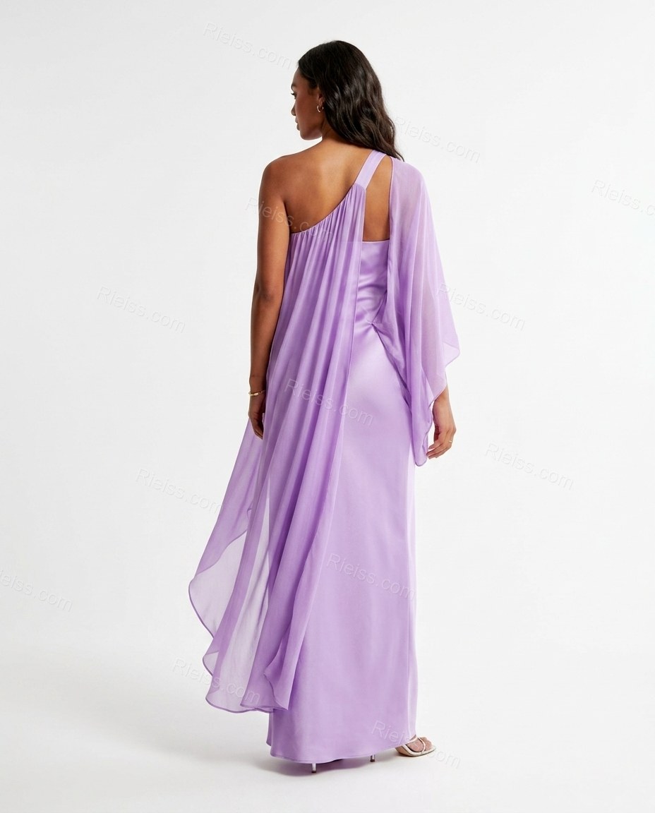 Lavender Maxi Cape One-Shoulder Dress, back studio view, by Rieiss