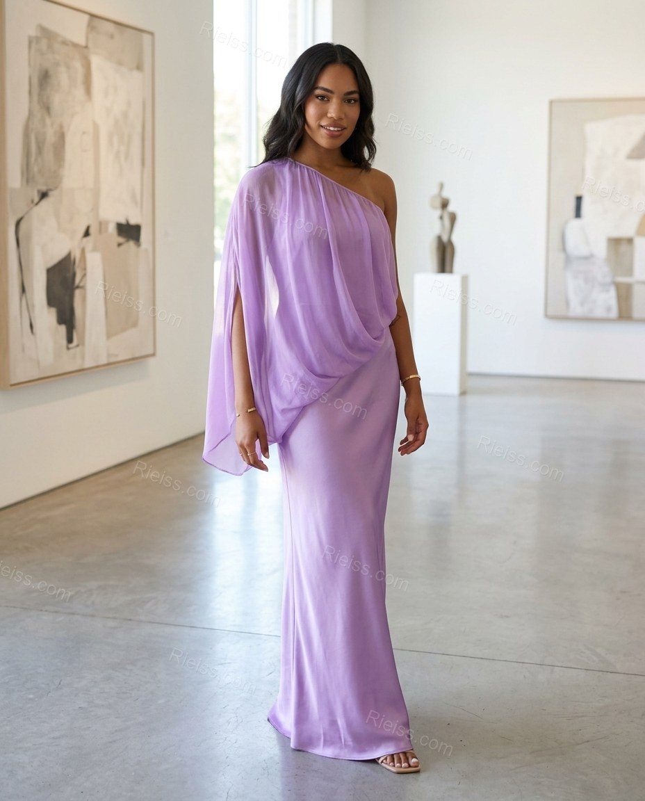 Lavender Maxi Cape One-Shoulder Dress, alternate use-case lifestyle view, by Rieiss