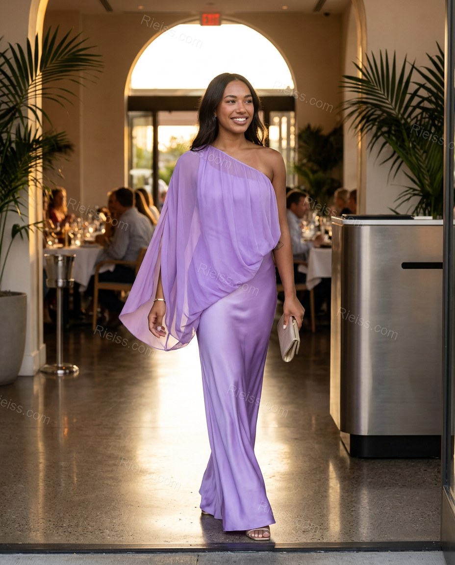 Lavender Maxi Cape One-Shoulder Dress, movement and fit lifestyle view, by Rieiss
