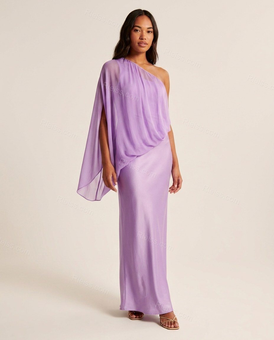 Lavender Maxi Cape One-Shoulder Dress, front studio view, by Rieiss