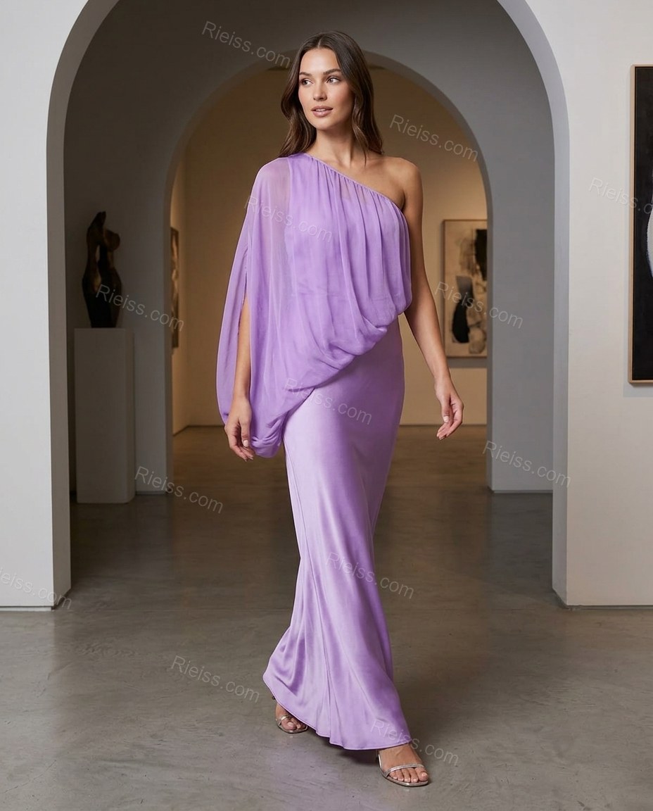 Lavender Maxi Cape One-Shoulder Dress, walking lifestyle view, by Rieiss