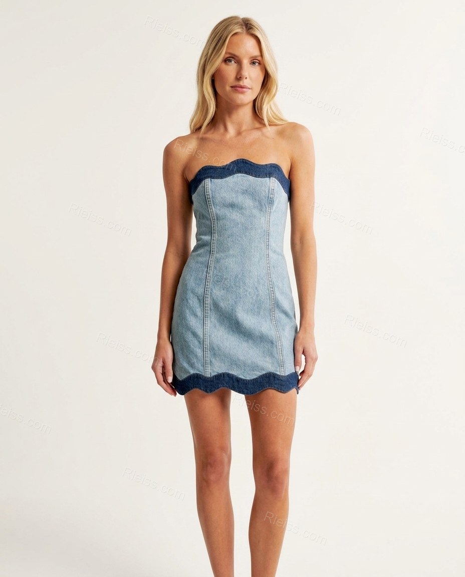 Light Blue Mini Strapless Denim Dress, front studio view, by Rieiss