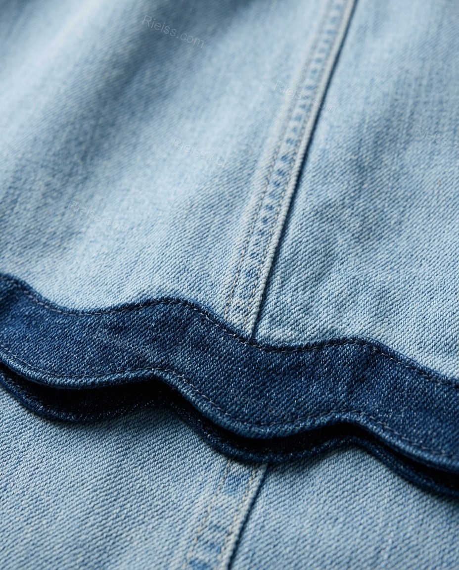 Light Blue Mini Strapless Denim Dress, close-up of scalloped hem, by Rieiss