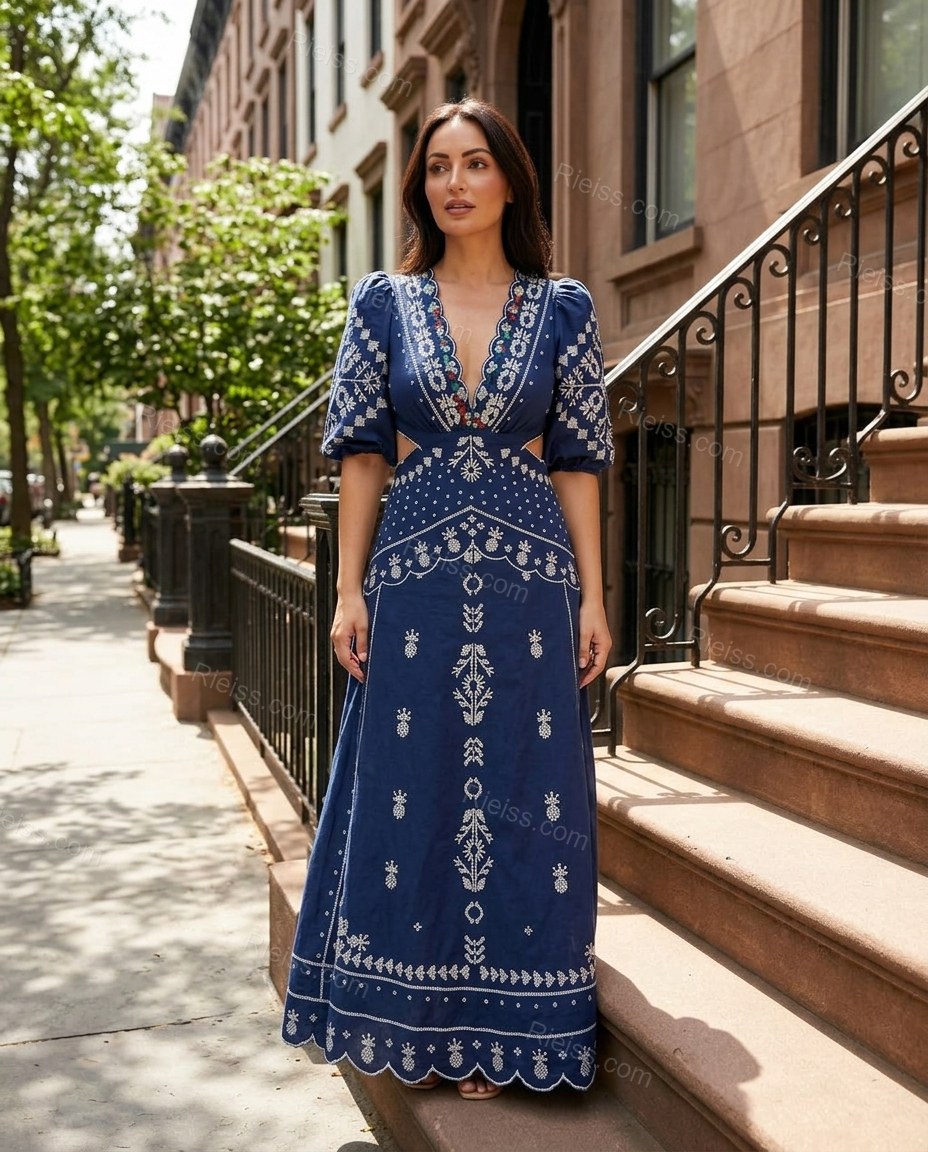Blue Geometric Maxi Embroidered Dress, alternate use-case lifestyle view, by Rieiss