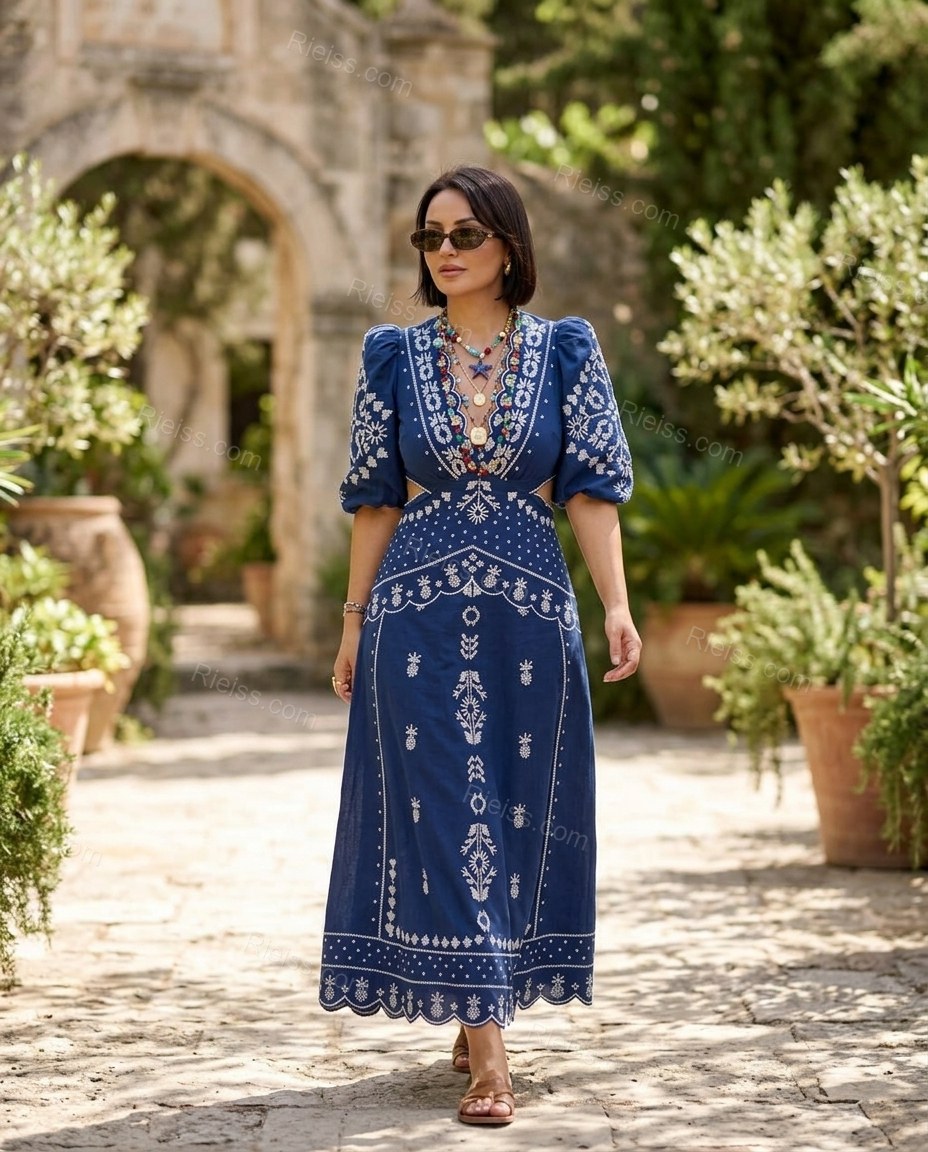 Blue Geometric Maxi Embroidered Dress, movement and fit lifestyle view, by Rieiss