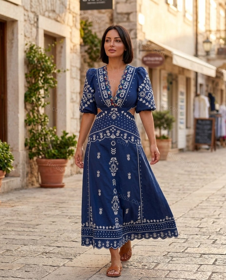 Blue Geometric Maxi Embroidered Dress, walking lifestyle view, by Rieiss