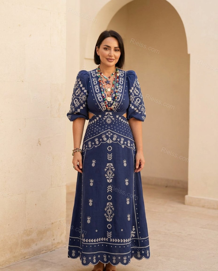 Blue Geometric Maxi Embroidered Dress, full-length hero view, by Rieiss