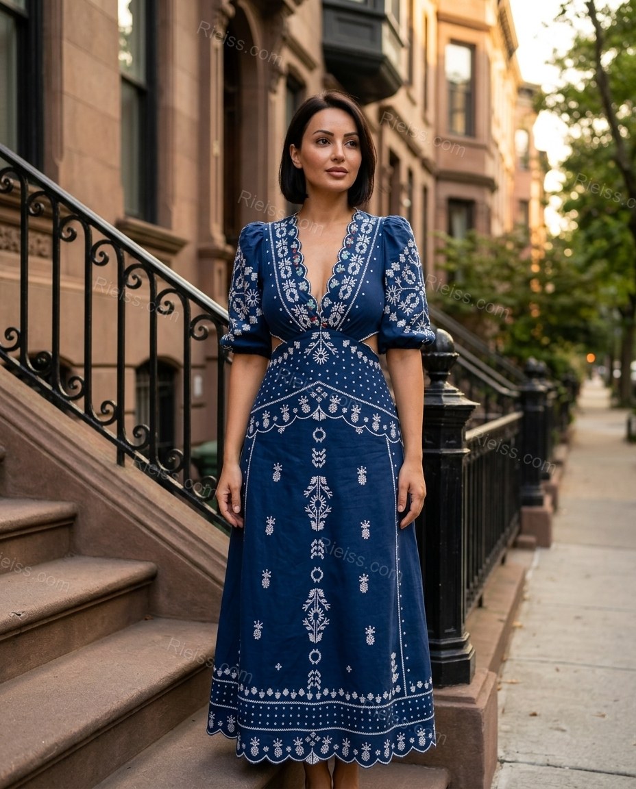 Blue Geometric Maxi Embroidered Dress, three-quarter brand lifestyle view, by Rieiss